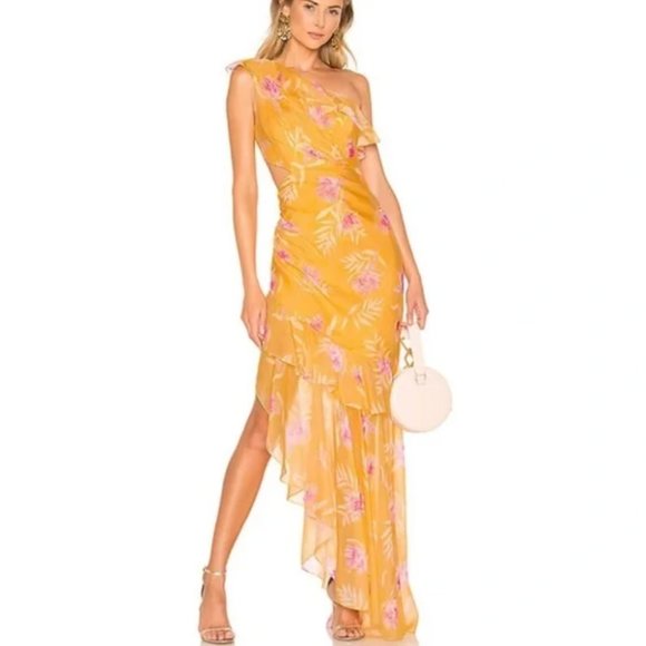 AMUR Yellow Vi one-shoulder floral-print silk crepe gown, Size 4 - Picture 1 of 6